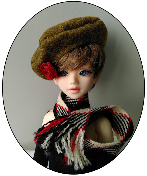 bust-up picture of a unoa lusis, with blue eyes and a short brown wig, wearing an off-the-shoulder black top, a black/white/red plaid scarf, a brown beret, and a red rose tucked behind her ear