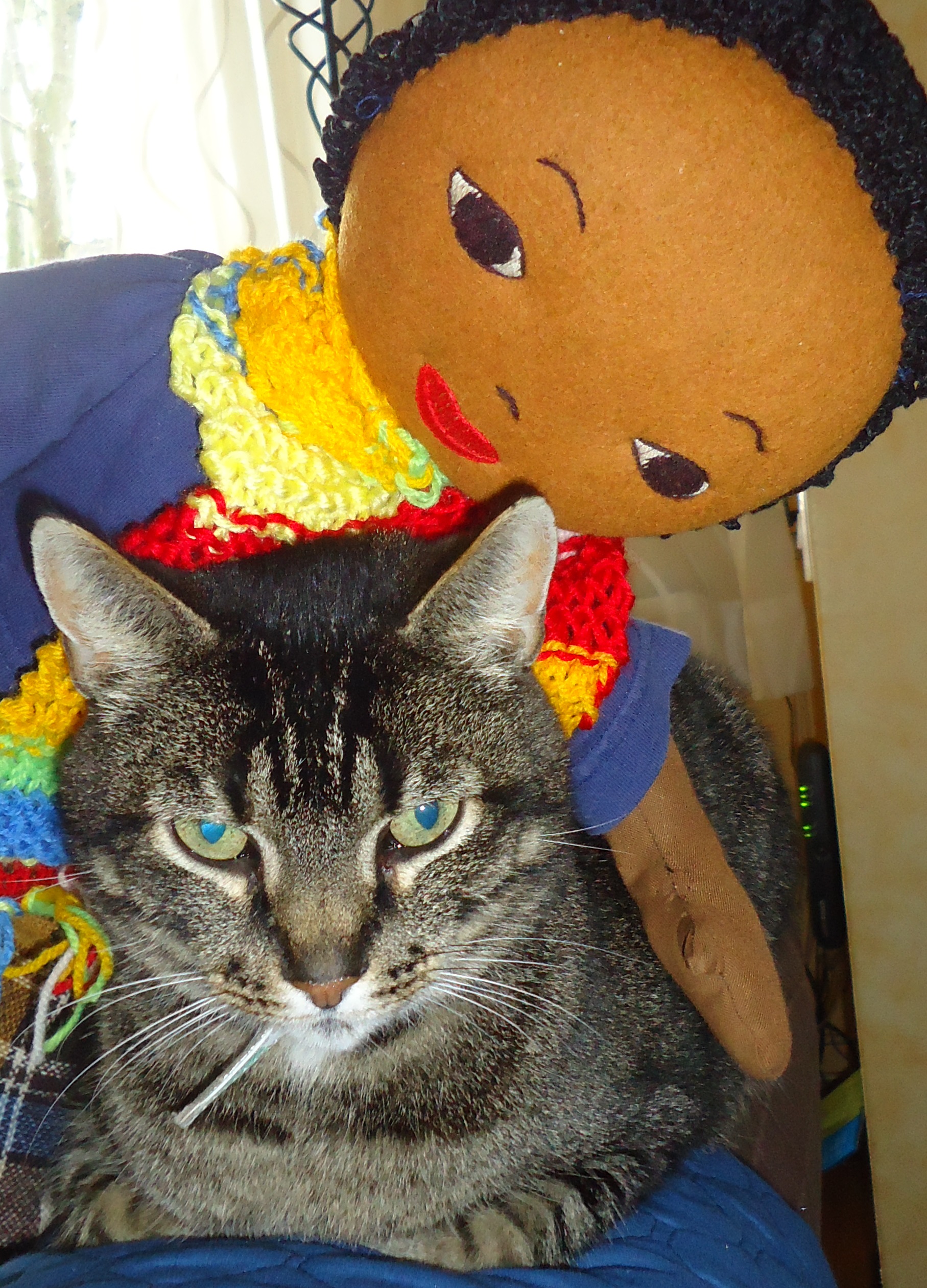 frontal photo of brown/grey tabby cat sitting with his paws tucked beneath him, looking Not Amused, as some sort of vintage rag doll is draped over his back with her arm around him