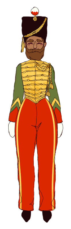 digital sketch of costume for the nutcracker: military uniform of the hussar variety, jacket with golden chest area decorated with three rows of buttons and mossy green sleeves with gold and red chevrons, flame red pants with golden stripe down the side, black pointed boots, white gloves, black bearskin hat with weird round plume thing (white and red) sticking out the top, big brown beard and mustache and eyebrows, on a model with medium brown skin and a big honking nose