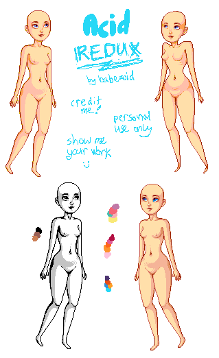 pixel base of a young lady in 3/4 view, very stylized, her head is a perfect oval, very cinched waist and long torso, I evidently didn't know how to draw legs at this time, she looks like she's either floating in air or about to fall over, also her arms are way too long, there's just a lot of issues here