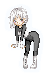pixel art of a ghost girl, pale skin, white shaggy bob, wearing a skintight black catsuit, white corselet with black button, white fingerless gloces with black buttons, white go-go boots with black buttons
