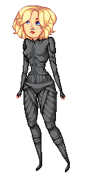 pixel art of a highly stylized gal, sandy skin, a blonde bob, all-blue eyes, wearing a stillsuit a la David Lynch's Dune
