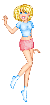 pixel art of cheery blonde witch wearing baby blue tee, pink mini skirt, white tube socks, no shoes