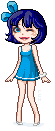 pixel art of winking girl with black bob, wearing sky blue dress and hairbow