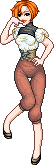 pixel art of woman doing a cheeky pose, she has a red layered bob and mustache, and is wearing a steampunk outfit consisting of a blouse with puff sleeves and contrasting yoke, knee-length ruddy brown pants, a brown corselet, ballet flats, and an eye patch
