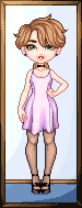 pixel art of young lady with dark brows and wavy brown hair, wearing a lilac skater dress, black accessories, hand on hips, wood frame around all