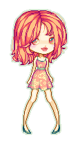 pixel art of stylized bobble-headed girl with big watery eyes, she has a messy layered haircut in a peachy sunset colour, a simple peachy pink sundress with green fish print and trim, darker green pumps, deviantart green background
