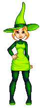 pixel art of a orange-haired witch wearing different shades of green, a mini dress, giant hat