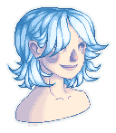 pixel portrait of an androgynous figure in 3/4 view, pale purplish skin, quirky puppet-like features, shaggy layered short haircut in a pale blue colour