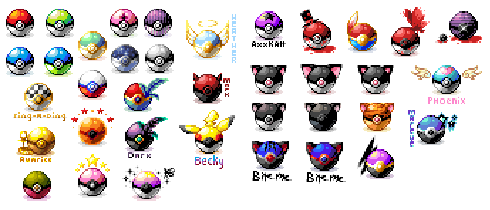 collage of pixel art pokeballs in various colours and themes