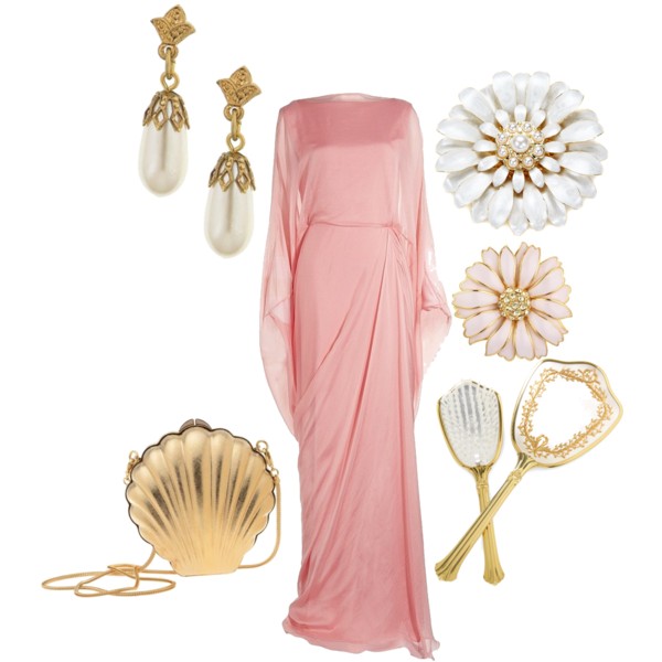 outfit set: a blush pink chiffon floor-length gown of grecian cut, pearl and gold filligree dangly earrings, two different white enamel and rhinestone flower brooches, a gold shell-shaped shoulder purse, and an antique gold and white enamel brush/mirror set