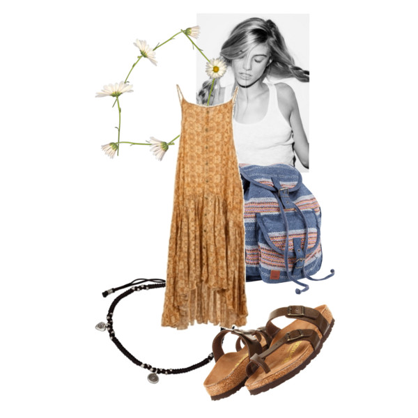 outfit set: an orange patterned floaty dress with front buttons and spaghetti straps, brown birkenstocks, a hippie knapsack made of woven blue and salmon striped fabric, a black cord choker with silver charms, a daisy chain, and a black-and-white photo of a model with messy twin braids 