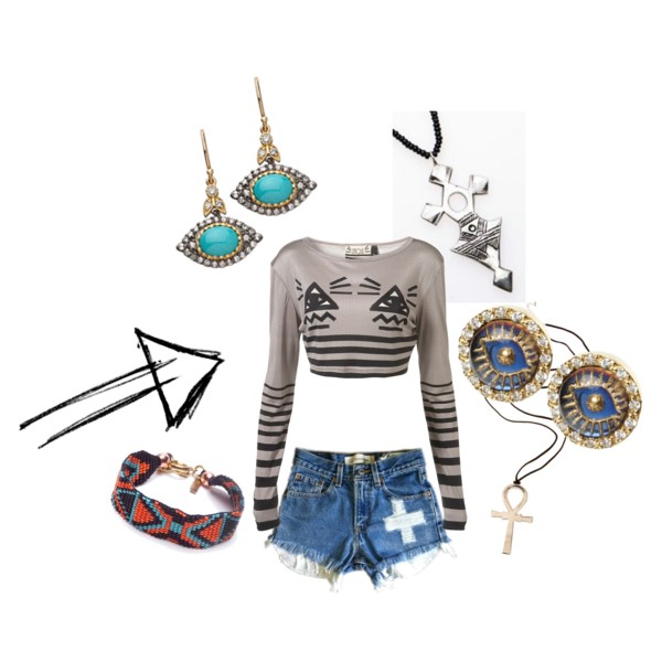 outfit set: a long-sleeve grey crop top with black stripes and illuminati triangles on the boobs, jean shorts with a '+' on them, turquoise 'evil eye' earrings, a silver 'Agadez Cross' pendant, a golden ankh necklace, a beaded friendship bracelet with triangle pattern, another set of jewelled eye earrings, and a sketchy black arrow pointing towards the top