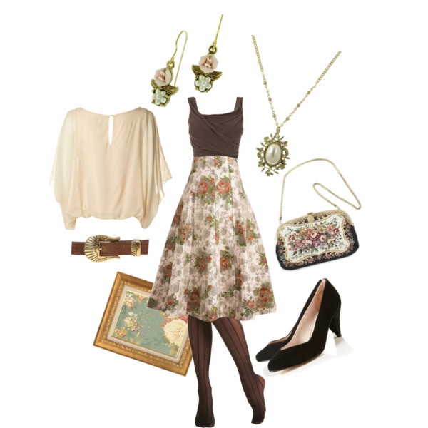 outfit set in brown and cream, with accents of pale green, gold, and black; recurring chintzy rose patterns; vintage chic vibes with a hint of 'grandma's parlour'