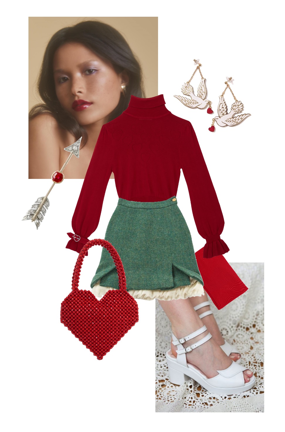 outfit set: a red bishop-sleeve turtleneck sweater with a heart-shaped charm on one of the cuffs, a green tweed miniskirt with pleated white petticoat, white 1940's-style platform sandals, a heart-shaped purse made of red beads, red stockings, an antique brooch shaped like an arrow shot through a red stone, earrings shaped like white doves holding hearts in their beaks, a soft-focus photo of a woman wearing shiny red lipstick and a barely-there wash of lavender eyeshadow