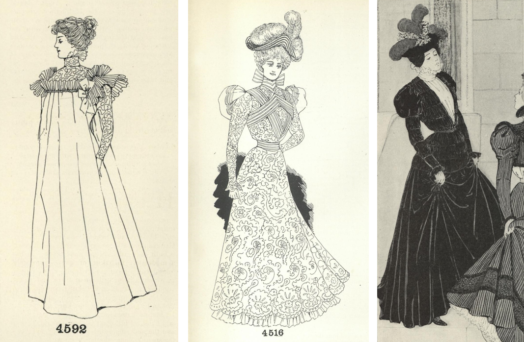 line drawings, left: bare-headed woman wearing a floor-length loose-fitting tea gown with lace sleeves and yoke, middle: woman wearing a plumed hat and a long-sleeved high-necked lace dress criss-crossed with striped bands, right: woman wearing a plumed hat and a dark velvet smocked gown with long sleeves and a deep v-neck, filled in with a pleated white dickie